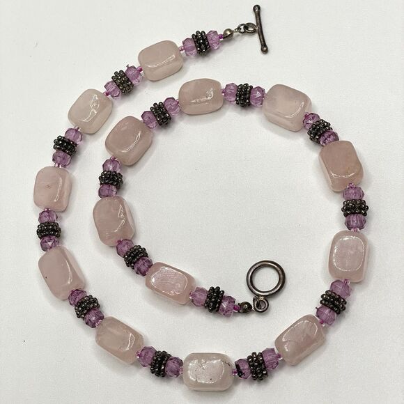 Artisan Made Rose Quartz Gemstone Purple Glass Beaded Knotted Necklace Boho - Picture 2 of 6